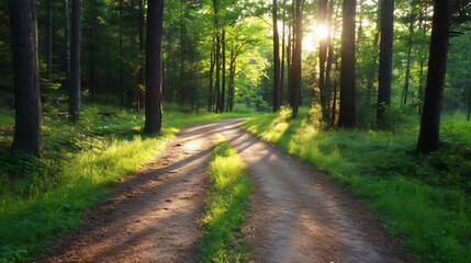 a medium shot of a forest path winding through tall trees,