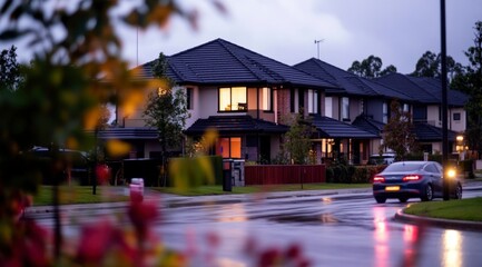 Obraz premium Modern Townhouses in a Residential Neighborhood at Night