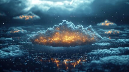 Fototapeta premium A surreal scene featuring a glowing cloud above a reflective surface, illuminated by warm lights, set against a dark, cloudy background.