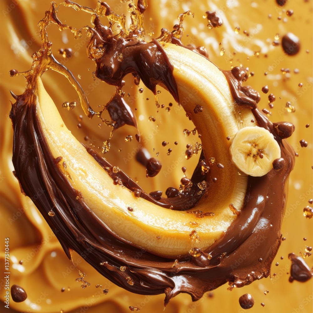 Poster a dynamic splash featuring a banana intertwined with rich chocolate, creating an enticing and delect
