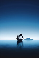A pirate ship sailing across a calm sea, with the silhouette of a distant island visible on the horizon.

