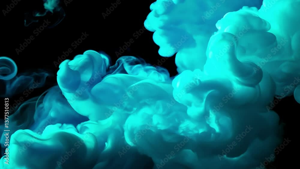 Poster tracking video of cobalt and turquoise gas clouds intertwining, high contrast lighting with sharp hi