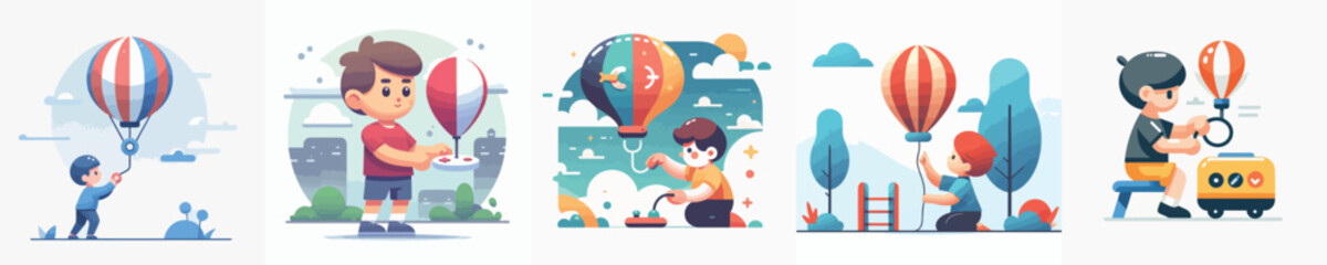 collection of vectors of boys playing with balloons