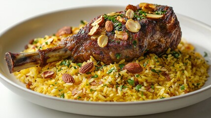 Fototapeta premium A Plate Of A Meat Dish With Muqbanah Rice And Nuts On It (AI Image)