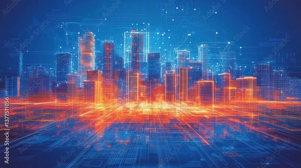 Poster a vibrant digital cityscape with glowing lines and geometric patterns, representing technology and i