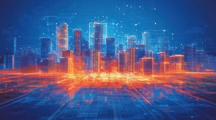Fototapeta premium A vibrant digital cityscape with glowing lines and geometric patterns, representing technology and innovation in an urban environment.