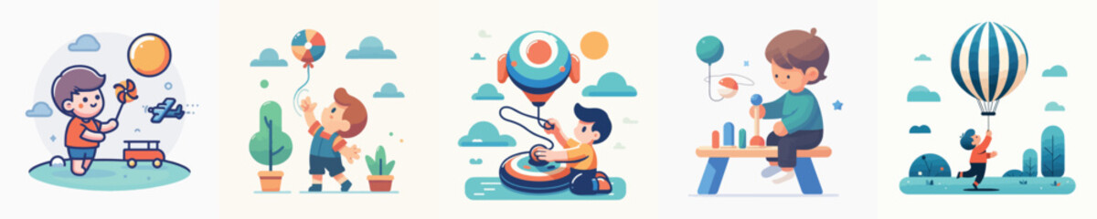 collection of vectors of boys playing with balloons