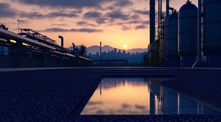 Obraz premium Industrial Sunset Reflection of Progress and Industry at Dawn