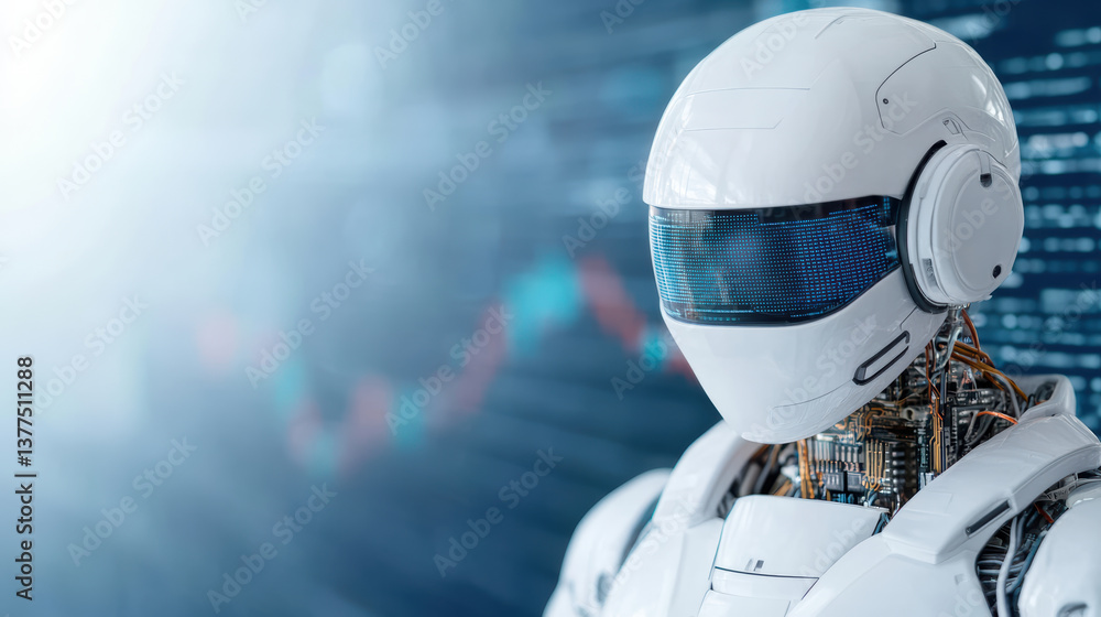 Poster futuristic robot with sleek design and digital display, symbolizing advanced technology and ai