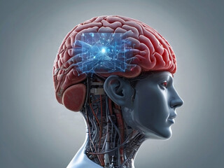 robot head with brain, AI brain merging with a human brain concept