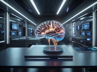 human brain with computer, AI neural brain in a futuristic lab environment