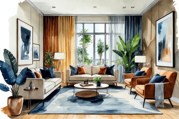 Elegant Watercolor Living Room with Stylish Furniture and Natural Light