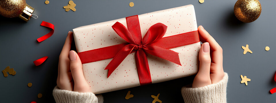 a medium shot of a person holding a wrapped gift box tied with a red ribbo