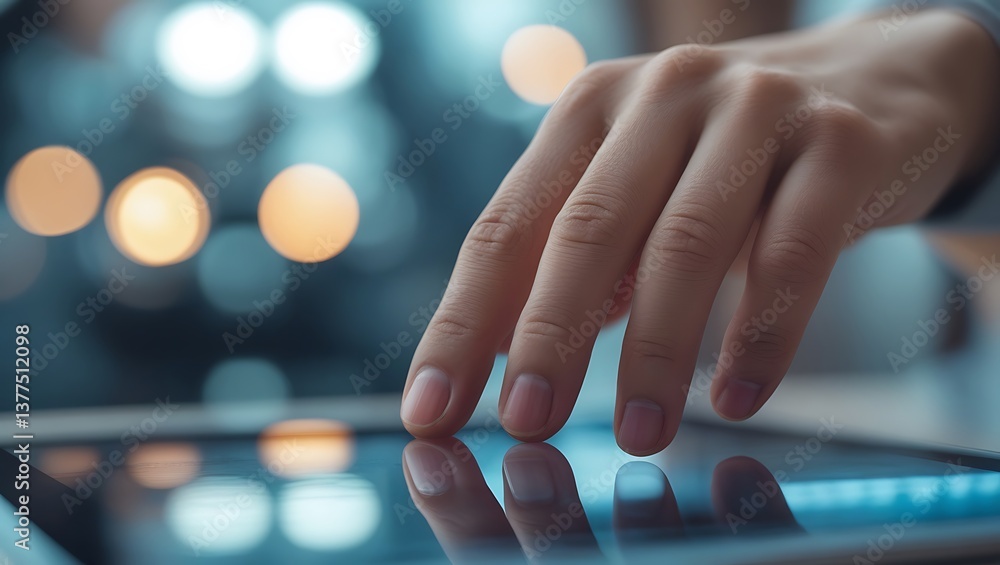 Poster finger tapping on tablet: a close-up captures a finger gently tapping on the screen of a tablet, con