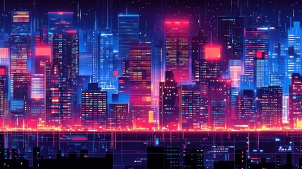 Obraz premium A vibrant, futuristic city skyline illuminated by neon lights against a dark backdrop, showcasing a blend of modern architecture and digital aesthetics.