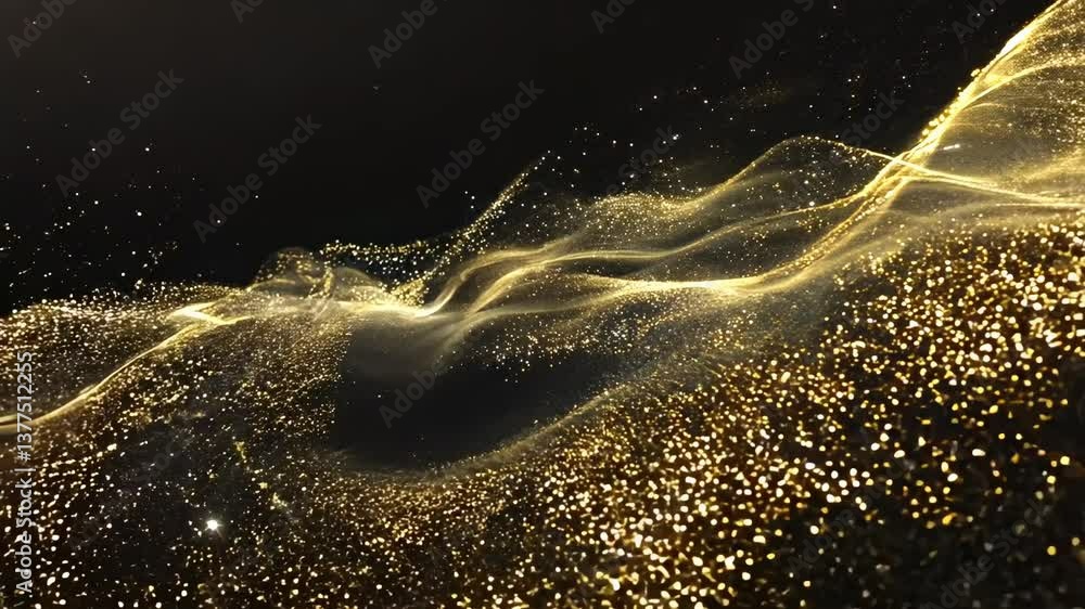 Poster a mesmerizing video of shimmering golden particles flowing like waves, captured from a low-angle, cr
