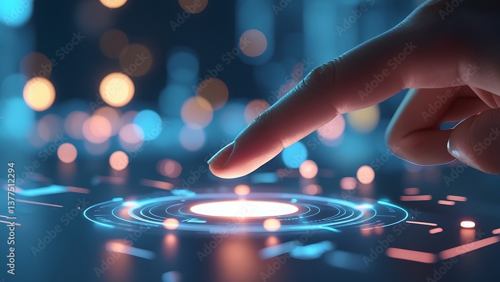 Poster digital interaction: a finger gently touching a glowing digital interface, representing technology, 