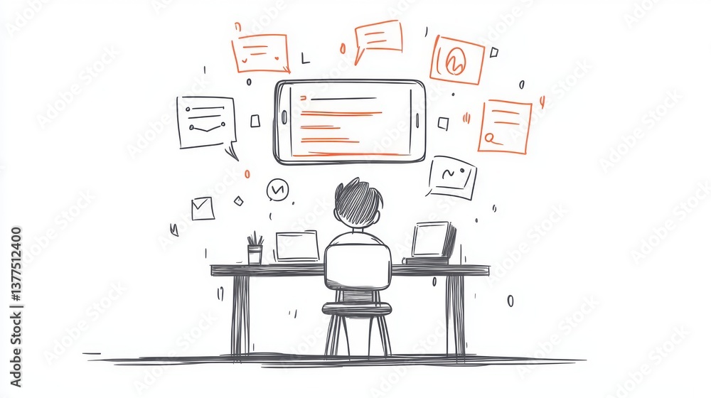 Poster a person sits at a desk surrounded by digital messages and notifications, symbolizing connectivity a