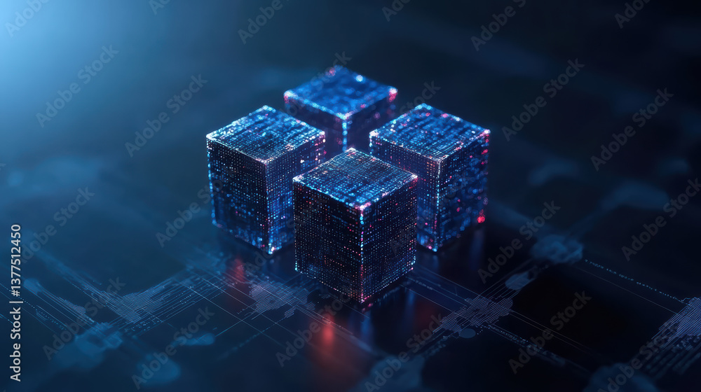 Poster digital cubes represent data processing and technology innovation, showcasing futuristic design