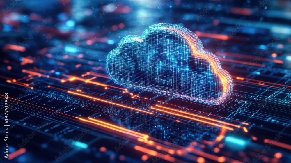 Poster a digital cloud symbol surrounded by glowing data streams, representing cloud computing and technolo