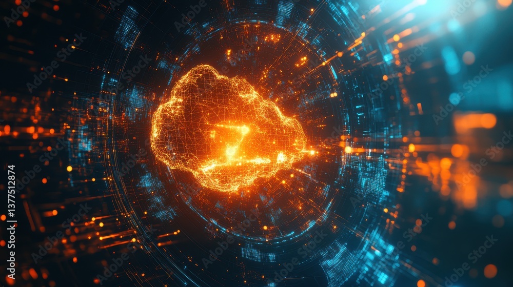 Poster a vibrant digital illustration depicting a glowing cloud, surrounded by dynamic data streams and hig