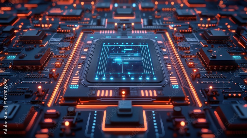 Poster a vibrant close-up of a circuit board, featuring intricate patterns and glowing components, emphasiz