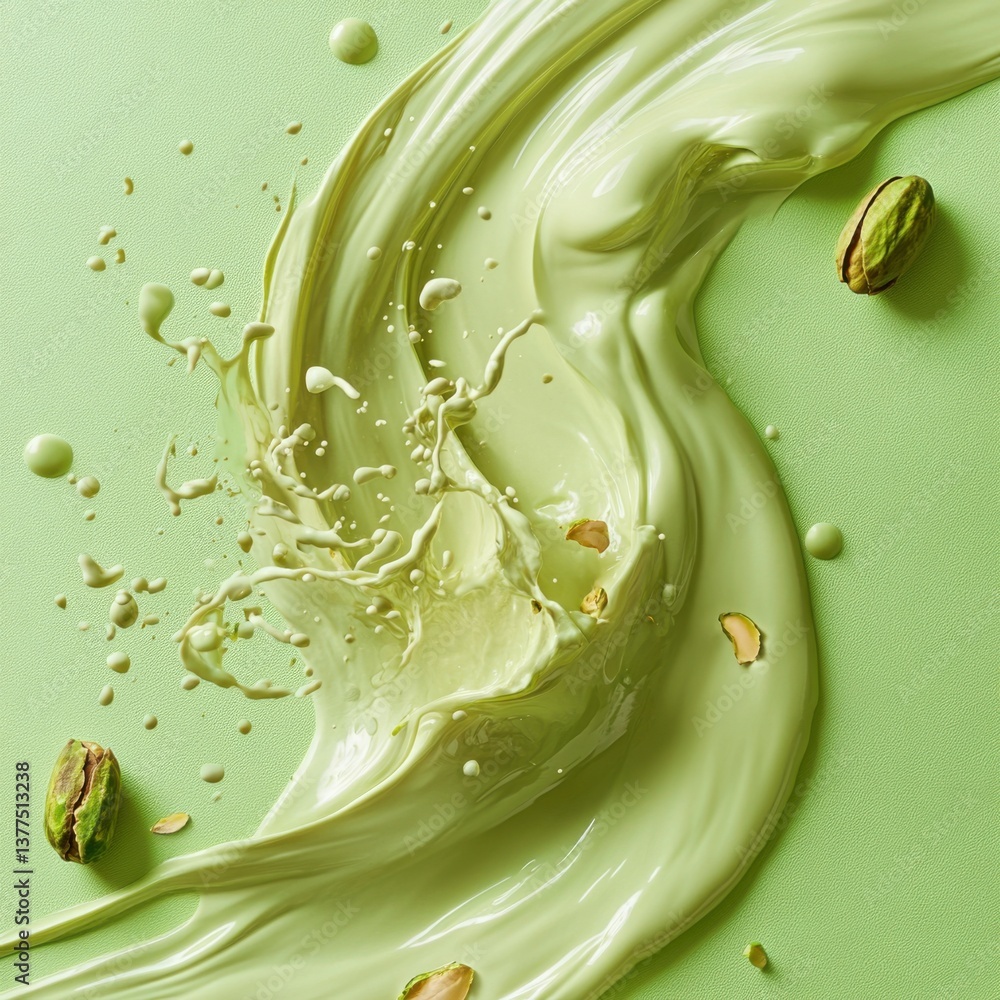 Poster a vibrant splash of green liquid with pistachio nuts creates a dynamic and artistic display on a mat