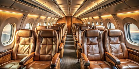 Fototapeta premium Luxury Private Aircraft Cabin Interior Rows of Rich Brown Leather Seats, Illuminated by Soft Ambient Lighting, Offering a Sophisticated and Comfortable Flight Experience