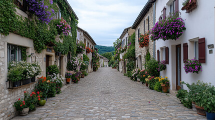 Fototapeta premium Charming European village street lined with colorful flowers and stone buildings