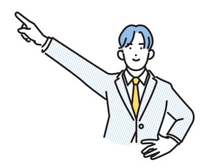 シンプル　イラスト　笑顔で指をさすビジネスマンの男性 人物