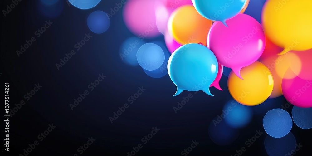 Poster colorful speech bubbles float against a dark background, creating a vibrant and engaging visual repr