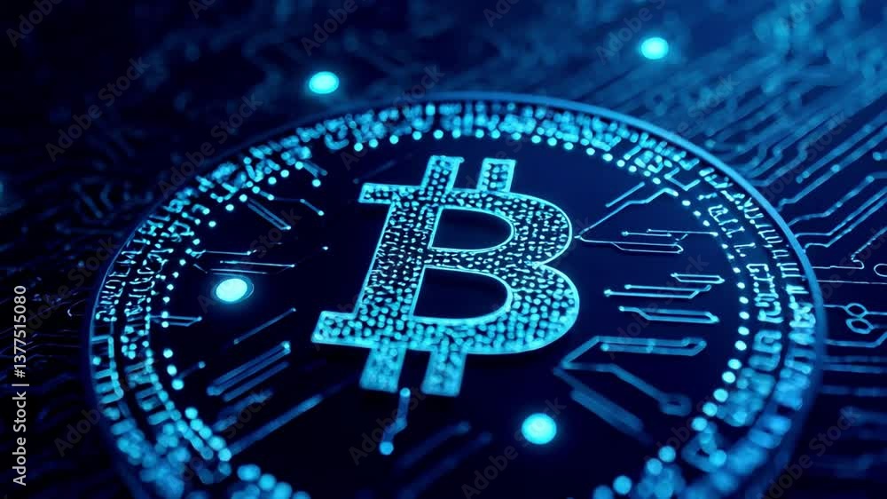Poster high tech digital coin circuit board exploring cryptocurrency innovation and blockchain technology