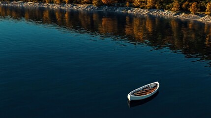Serene Autumn Lake Solitary Rowboat on Calm Waters