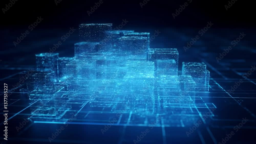Poster holographic blockchain structure interconnected digital assets shifting between nodes