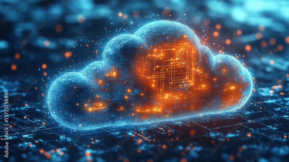 Poster a digital representation of a glowing cloud, symbolizing cloud computing and data storage, with a ne