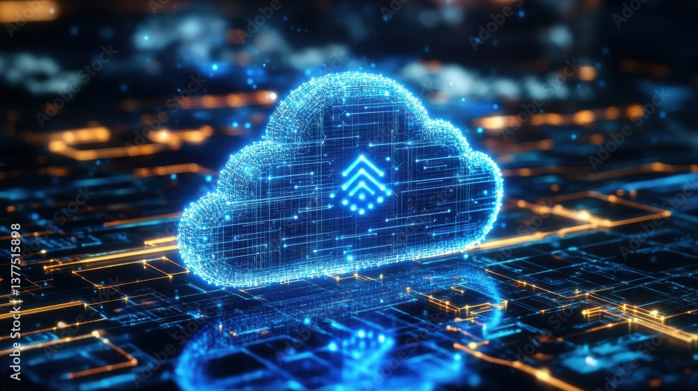 Poster a digital cloud symbol surrounded by glowing circuits, representing cloud computing and data storage