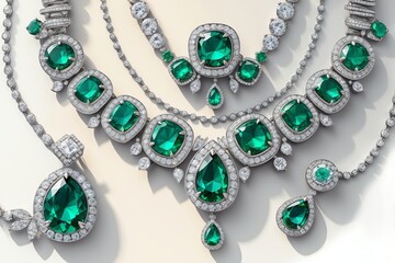 Obraz premium Elegant Emerald Jewelry Set with Diamonds on White Background for Luxury