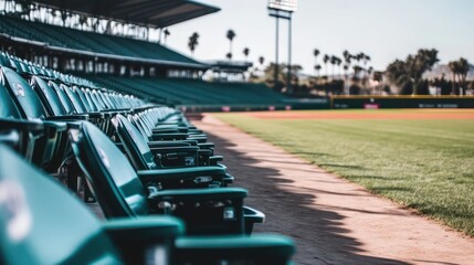 Obraz premium Empty stadium seats, baseball field, sunny day (1)