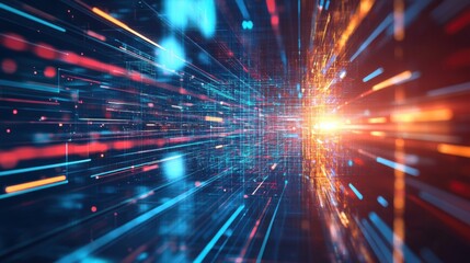 Naklejka premium A vibrant visualization of data streams, showcasing dynamic lines of light and color representing speed and technology.
