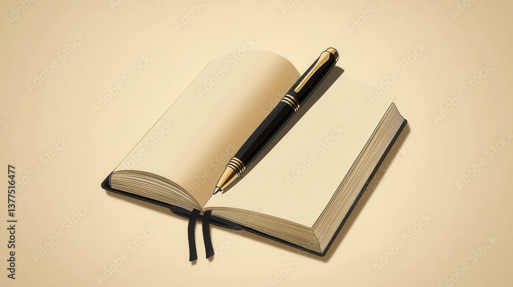 Aufkleber an open notebook with blank pages and a sleek pen resting on it, suggesting creativity and the poten
