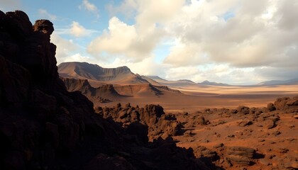 Dramatic Volcanic Landscape: Red Rocks and Cloudy Sky, Iceland