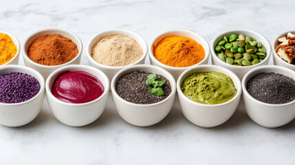 Colorful spices and powders arranged in bowls create vibrant display of flavors and textures