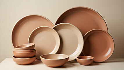 A collection of assorted ceramic plates and bowls in earthy tones arranged on a neutral background