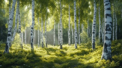 Obraz premium A serene forest scene with tall birch trees, lush green foliage, and soft sunlight filtering through the leaves, creating a peaceful atmosphere.