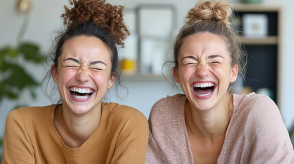 Joyful friends laughing together, sharing light hearted moment in cozy setting