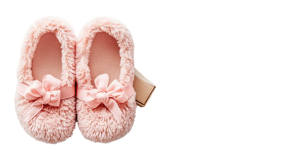 A pair of fluffy slippers with a small gift isolated on white background PNG