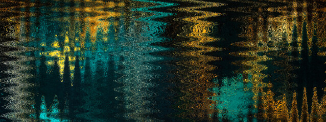 Abstract digital texture rippling wavy patterns in deep teal, gold, and black colors. Generative AI  design for cover, banner, flyer, music, ads. 