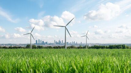 Wind turbines stand tall green field with city skyline background, showcasing renewable energy