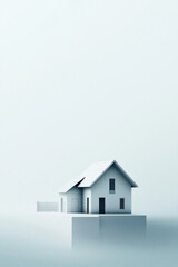Minimalistic and graphic composition with a house in the middle of nowhere on a clean background