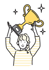 シンプル　イラスト　トロフィーを持つ若い女性 人物